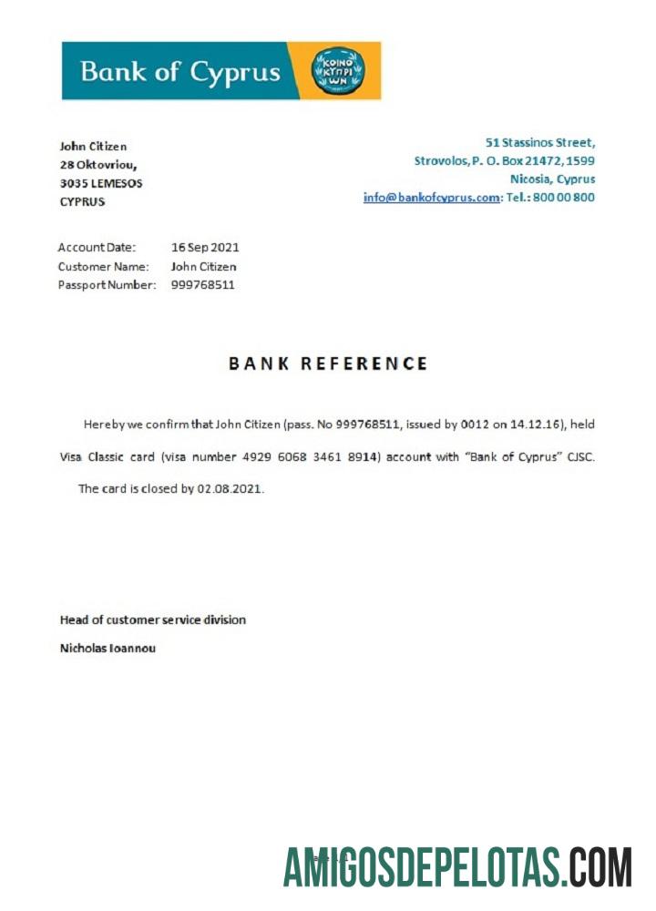 Referência de fechamento do Banco de Chipre de Chipre amostra